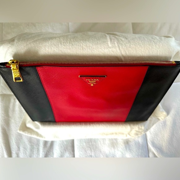 Authentic Prada Saffiano Lux Pochette in Nero + Fuoco - Picture 3 of 13